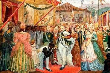 Pintura retratando a chegada da corte portuguesa ao Brasil